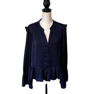 Hyfve Women's Long Sleeve Top Blouse Button Ruffle Peplum‎ Hem Navy Blue Small